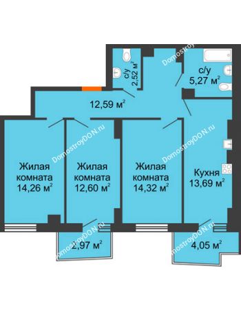 3 комнатная квартира 76,77 м² в ЖК Город у реки, дом Литер 7