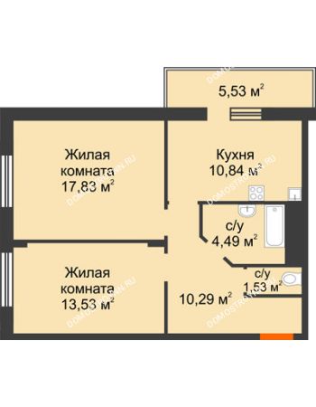 2 комнатная квартира 61,28 м² в ЖК Циолковский, дом № 2