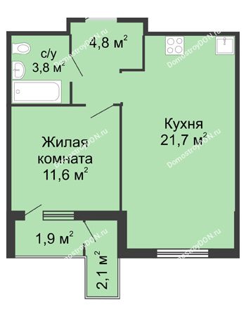 1 комнатная квартира 43,8 м² - ЖК Доломановский	