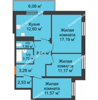 3 комнатная квартира 73,79 м² в ЖК Циолковский, дом № 3 - планировка