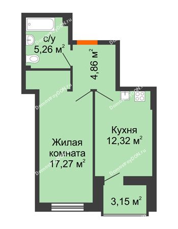 1 комнатная квартира 41,34 м² в ЖК Аврора, дом № 3