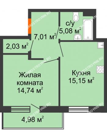 1 комнатная квартира 46,5 м² в ЖК Циолковский, дом № 4