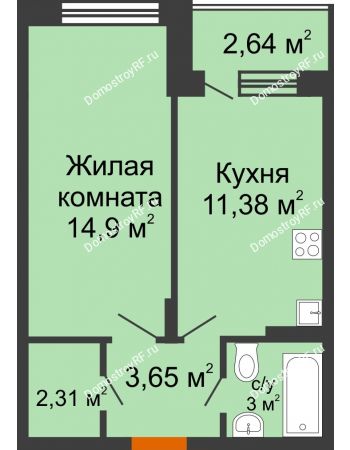 1 комнатная квартира 36,82 м² в ЖК Мандарин, дом 2 позиция 5-8 секция
