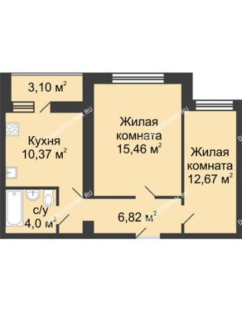 2 комнатная квартира 50,87 м² в ЖК Удачный, дом № 4