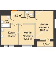 2 комнатная квартира 57,3 м² в ЖК Озерный парк, дом Корпус 5.1 - планировка
