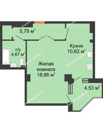 1 комнатная квартира 45,49 м² - ЖК Гармония