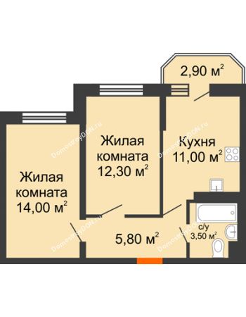 2 комнатная квартира 47,5 м² в ЖК Южный Берег, дом Литер 4