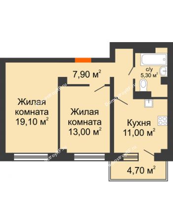 2 комнатная квартира 57,7 м² в ЖК Тихие зори, дом №1