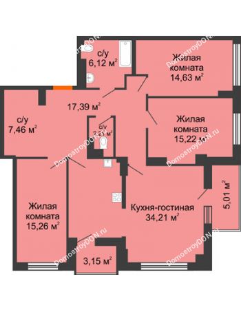 4 комнатная квартира 116,71 м² в ЖК Аврора, дом № 3