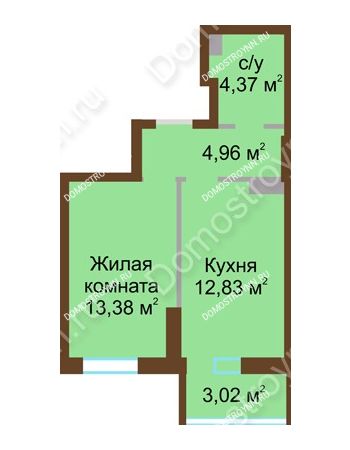 1 комнатная квартира 38,56 м² в ЖК Красная поляна, дом № 8