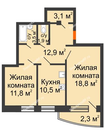 2 комнатная квартира 64,8 м² в ЖК Спутник, дом Позиция 9