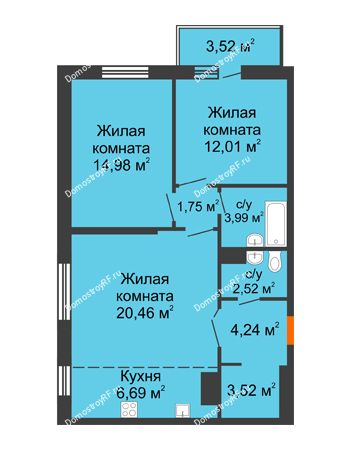 3 комнатная квартира 73,68 м² в ЖК На Хмельницкого	, дом № 3