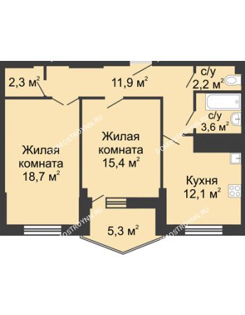 2 комнатная квартира 71 м² в ЖК Монолит, дом № 89, корп. 3