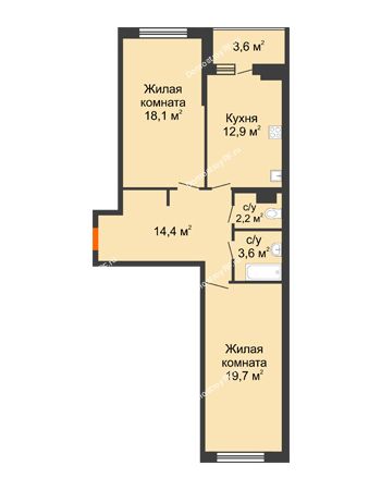 2 комнатная квартира 72,7 м² в ЖК Дружный 2, дом Литер 3.3