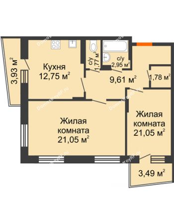 2 комнатная квартира 65,34 м² - ЖД Кислород