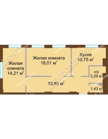 2 комнатная квартира 61,57 м² в ЖК Солнечный, дом № 2