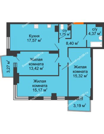 3 комнатная квартира 78,92 м² в ЖК Сердце Ростова 2, дом Литер 1