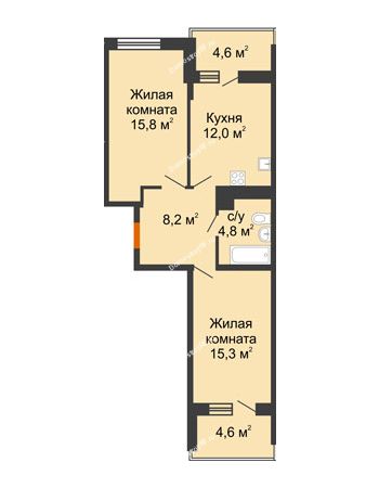 2 комнатная квартира 56,1 м² в ЖК Отражение, дом Литер 1.2