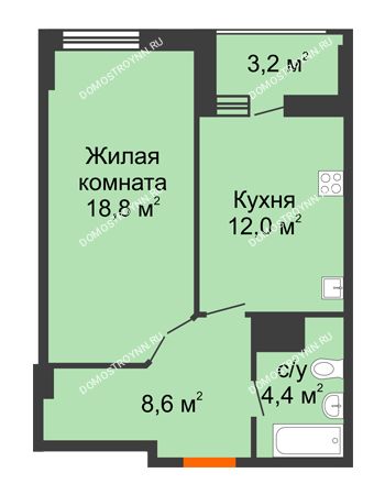 1 комнатная квартира 45,4 м² в ЖК Квартет, дом № 3