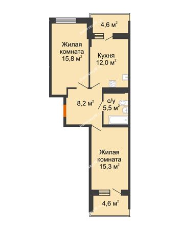 2 комнатная квартира 61,4 м² в ЖК Отражение, дом Литер 2.2