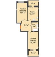2 комнатная квартира 56,8 м² в ЖК Отражение, дом Литер 1.2 - планировка